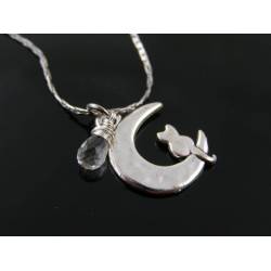 Cat in Moon and Aquamarine Necklace