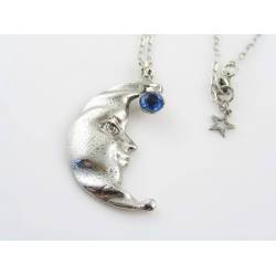 Large Crescent Moon Necklace with Blue Crystal