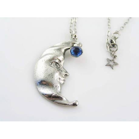 Large Crescent Moon Necklace with Blue Stone