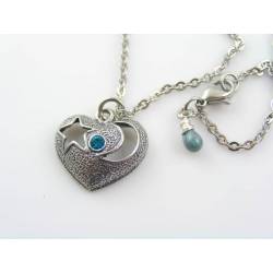 Blue Crystal Heart Necklace, Crescent Moon and Star