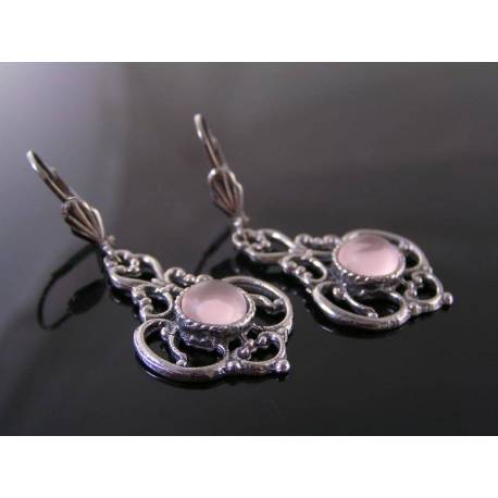 Ornate Silver and Pink Chandelier Earrings