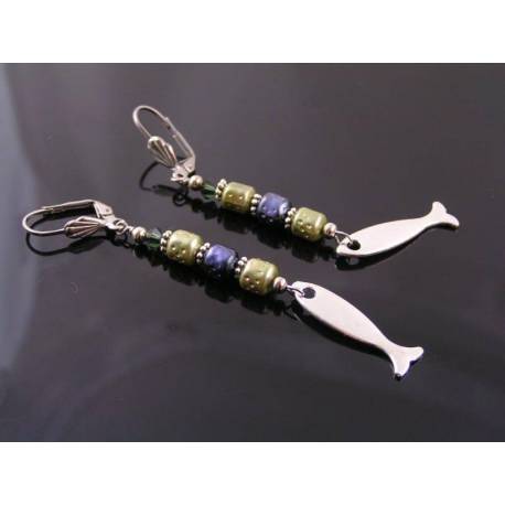 Fish Charm Earrings with Pearls and Swarovski Crystals