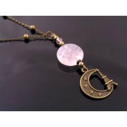 Crescent Moon Pendant with Rose Quartz and Eiffel Tower Charm Necklace