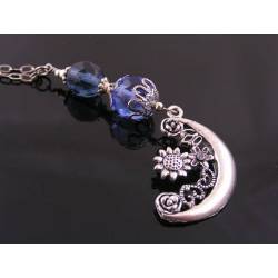 Crescent Moon and Blue Crystal Necklace