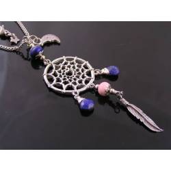 Dream Catcher Necklace with Lapis Lazuli and Rhodochrosite