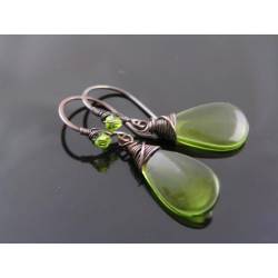 Olive Green Drop Earrings, Wire Wrapped Czech Glass Earrings