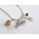 Motorcycle Charm Necklace with Repair Tool, Skull Bead and Black Cubic Zirconia