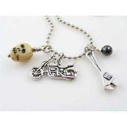 Motorcycle Charm Necklace with Repair Tool, Skull Bead and Black Cubic Zirconia