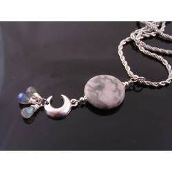 Crescent Moon, Grey Marble and Labradorite Necklace