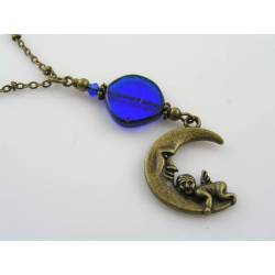 Crescent Moon and Angel Necklace, Czech Glass Beads