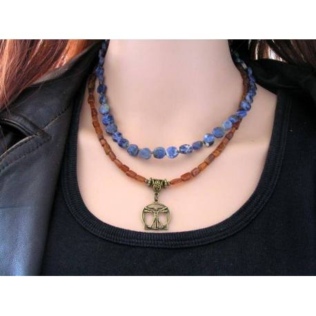 Vitruvian Man Necklace with Sodalite and Hessonite Garnet