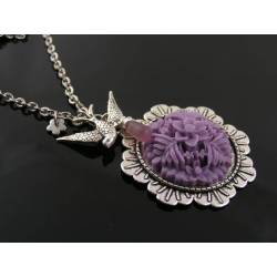 Story Necklace with Purple Flower Pendant and Bird Charm