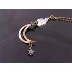 Crescent Moon Necklace with Ice Quartz and Hematite Star