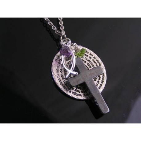 Our Father Prayer Necklace with Hematite Cross, Ichthus, Peridot and Amethyst