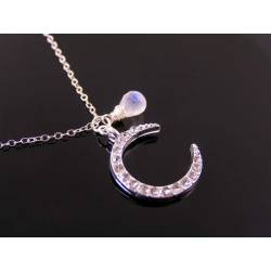 Crystal Set Crescent Moon Pendant with Moonstone, Sterling Silver Necklace