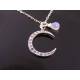 Crystal Set Crescent Moon Pendant with Moonstone, Sterling Silver Necklace