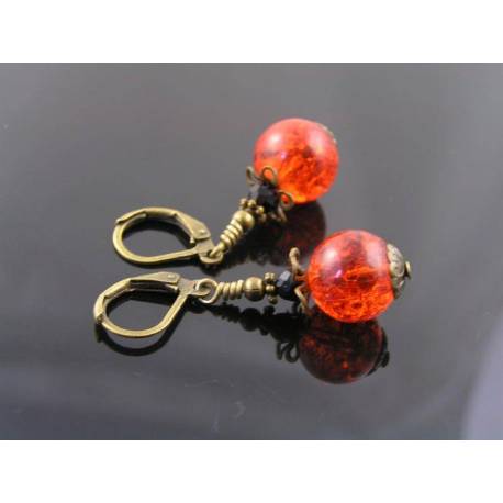 Red Crackled Glass Earrings with Black Onyx