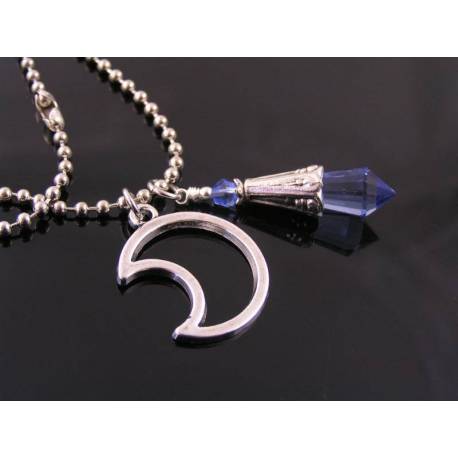 Crescent Moon Silhouette with Blue Crystal Drop