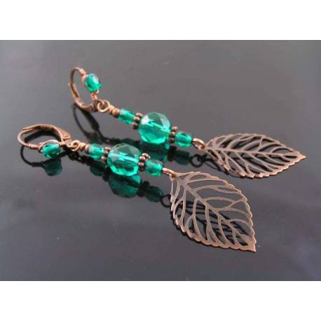 Copper Leaf Earrings with Green Czech Glass Beads