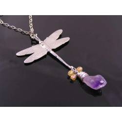 Dragonfly Necklace with Raw Amethyst Chrystal Drop