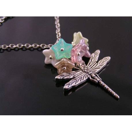 Dragonfly Necklace with Czech Glass Flowers