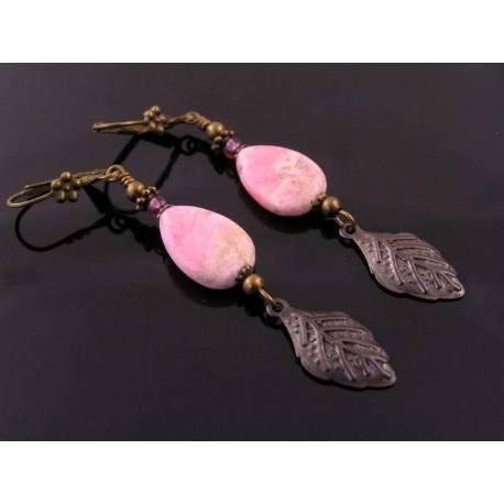 Rhodochrosite Earrings with Leaf Charm