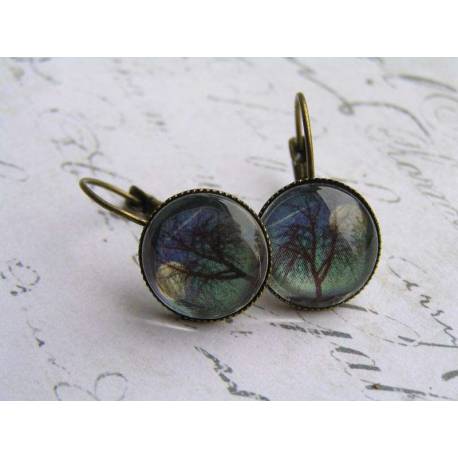 Tree and Moon, Cabochon Sleeper Earrings