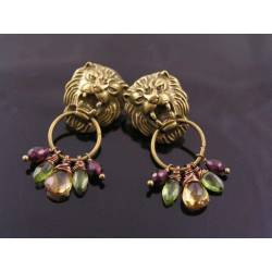 Large Lion Door Knocker Earrings with Garnet, Citrine and Peridot