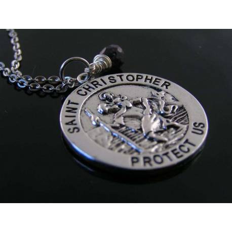 St Christopher Medan Necklace with Birthstone