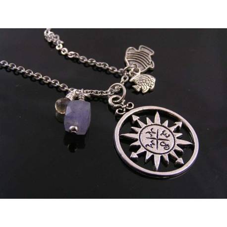 Compass Necklace with Fish Charms, Iolite and Citrine