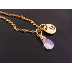 Bright Gold Initial Necklace with Rainbow Moonstone
