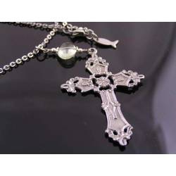 Ornate Cross and Prasiolite Nugget Necklace