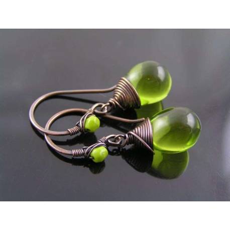 Olive Teardrop Earrings, Wire Wrapped