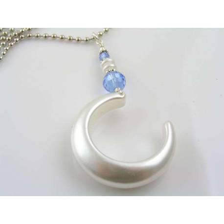 Pearl Moon Necklace with Blue Crystals