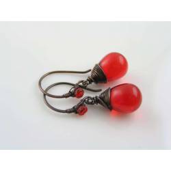 Wire Wrapped Earrings, Bright Red Czech Teardrops