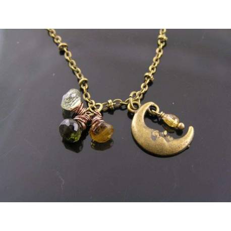 Tourmaline and Crescent Moon Charm Necklace