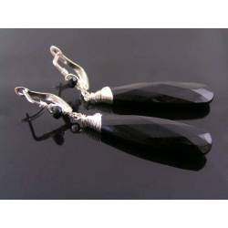 Long Black Earrings, Wire Wrapped Lever Back Ear Wire