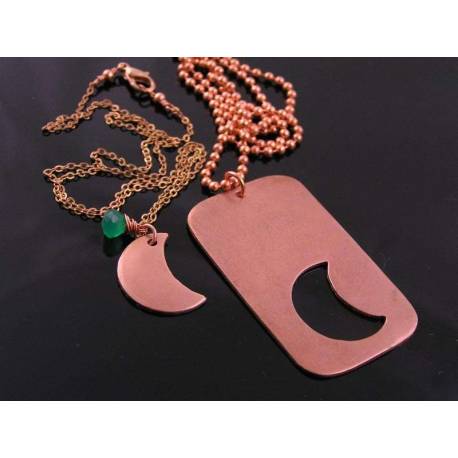 Solid Copper Dog Tag and Moon Couple Necklace