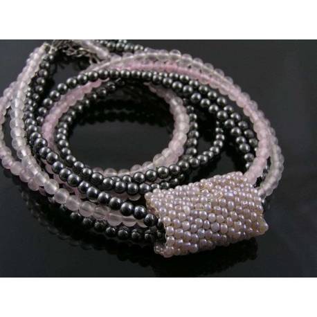 Four Strand Necklace, Hematite and Rose Quartz
