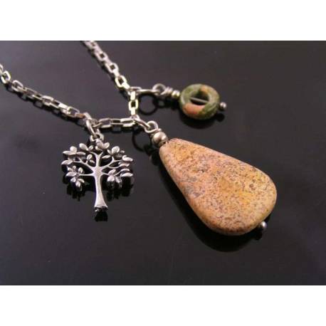 Desert Jasper, Unakite and Tree Charm Woodland Necklace