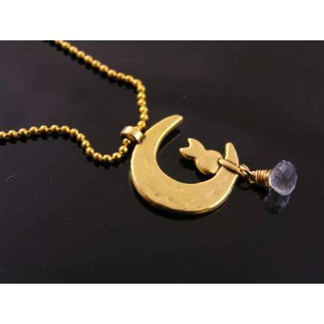 Cat in Moon with Blue Topaz Necklace