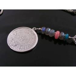 Aztec Calendar, Labradorite, Rhodochrosite and Apatite Necklace