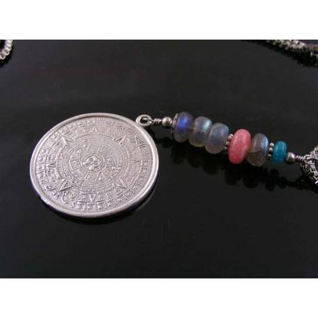 Aztec Calendar, Labradorite, Rhodochrosite and Apatite Necklace