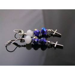 Blue Crystal and Cross Charm Earrings