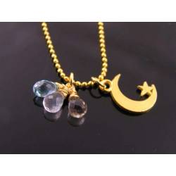 Gold Moon and Star Necklace with Citrine, Blue Topaz and Rose Quartz