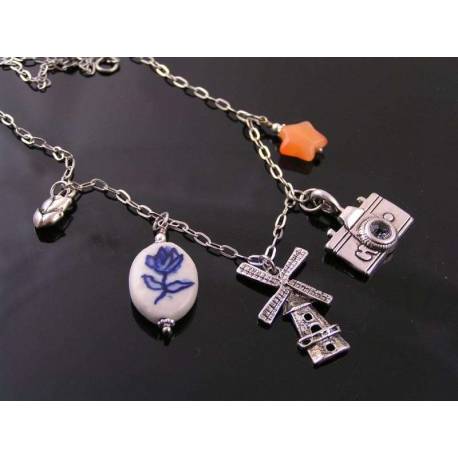 Charm Necklace, Travel to Holland, Windmill and Delft Porcelain 