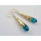 Long Teal Blue Crystal and Rose Gold Earrings
