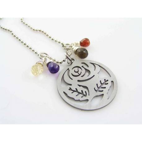 Cut-out Rose Pendant with Gemstones Necklace
