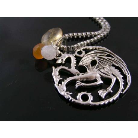 Targaryen Sigil 3 Headed Dragon Necklace, Game of Thrones, Ice and Fire Gemstones