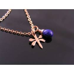 Lapis Lazuli and Dragonfly Charm Rose Gold Necklace